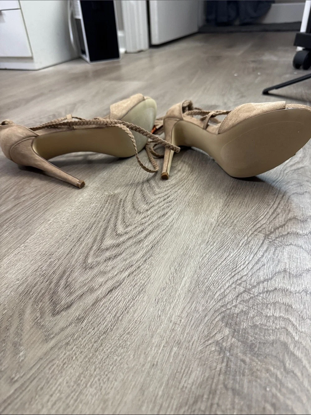 Shoe Dazzle Taupe Suede Braided Lace-Up High Heel Sandals with Orange Tassels